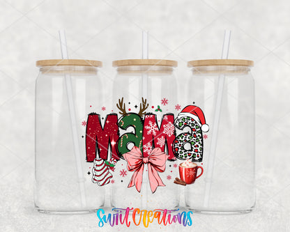 Christmas Mama Bow clear glass tumbler group mockup with bamboo lids and straws