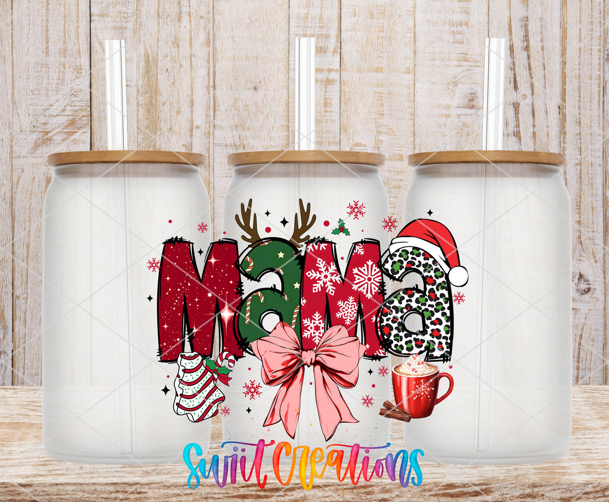 Christmas Mama Bow frosted glass tumbler mockup with bamboo lids and straws