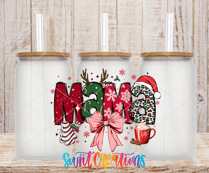Christmas Mama Bow frosted glass tumbler mockup with bamboo lids and straws