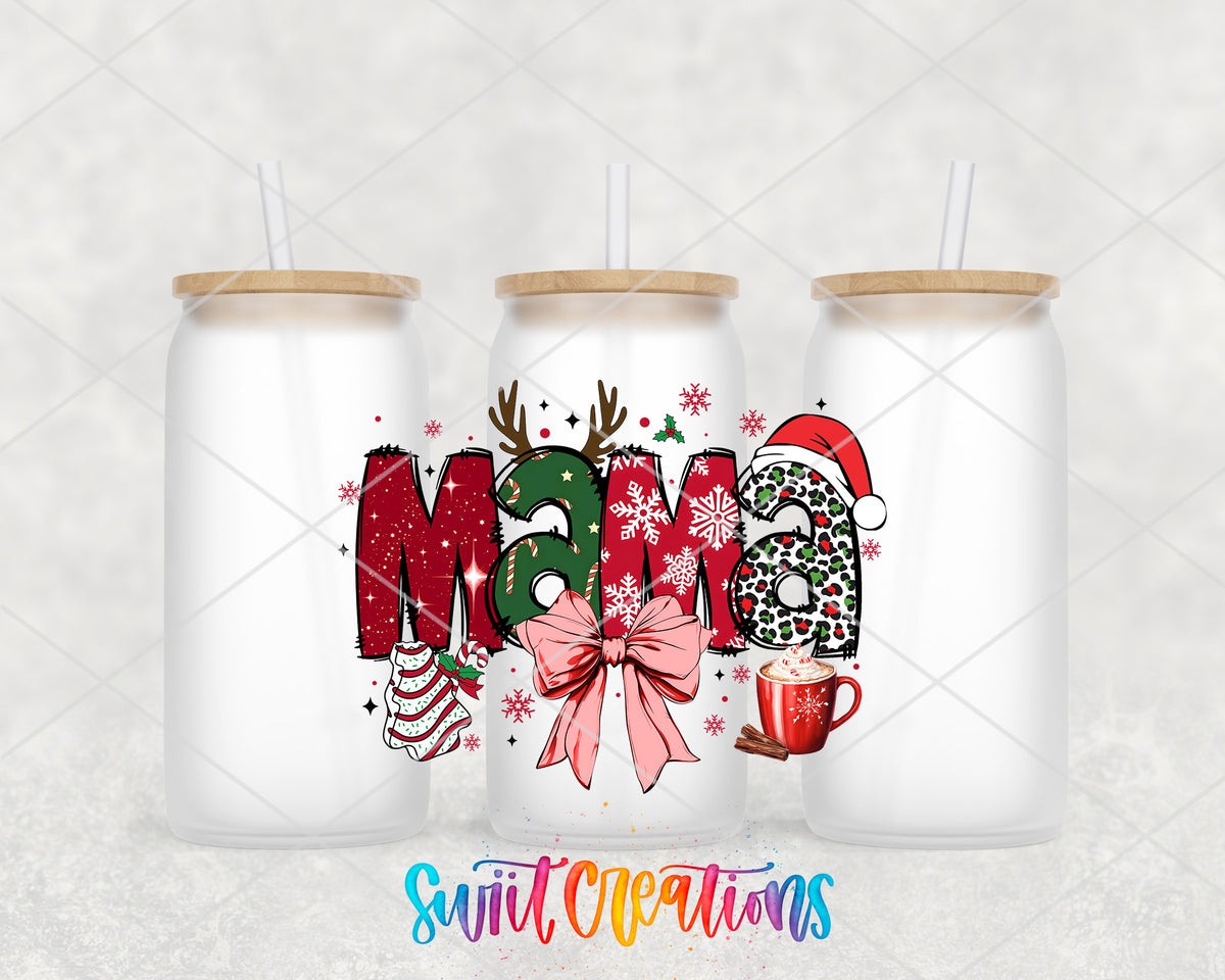 Christmas Mama Bow frosted glass tumbler group view with lids and straws