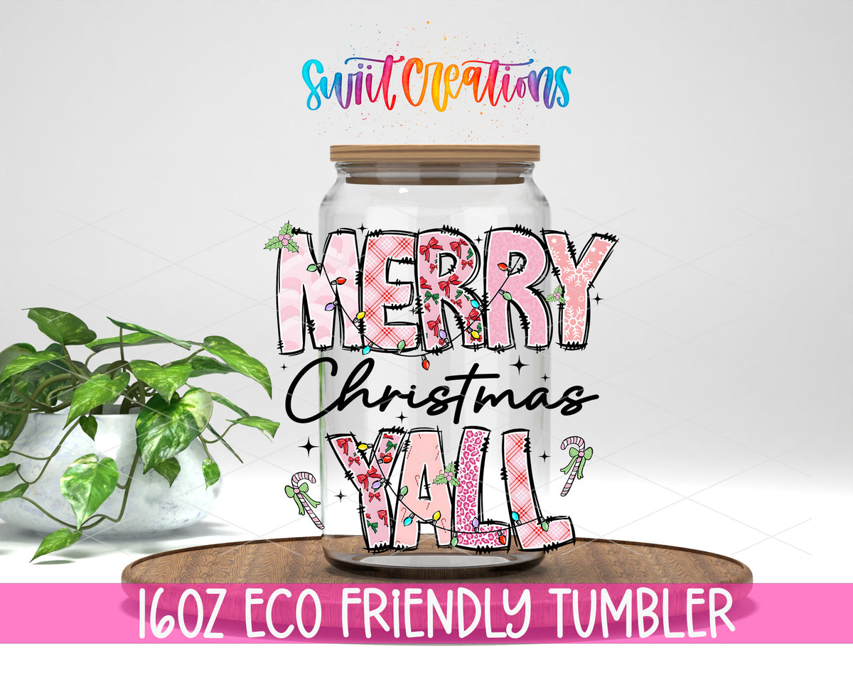 Merry Christmas Yall Pink design on a 16 oz clear glass tumbler with bamboo lid