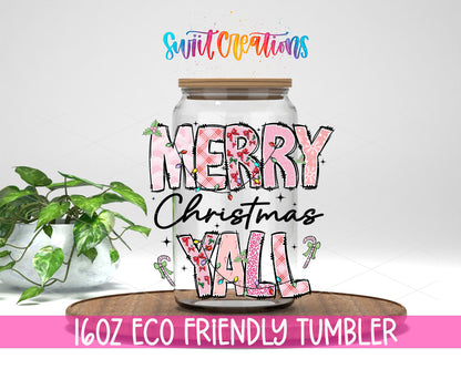 Merry Christmas Yall Pink design on a 16 oz clear glass tumbler with bamboo lid