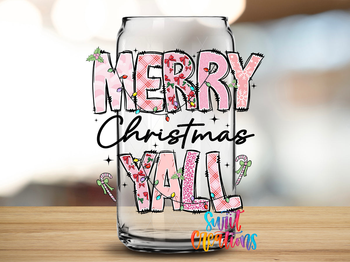 Merry Christmas Yall Pink design close-up on a clear glass can tumbler