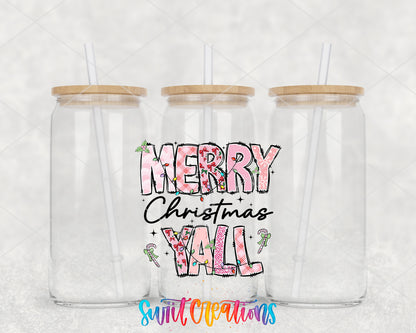Merry Christmas Yall Pink clear glass tumbler group mockup with bamboo lids and straws