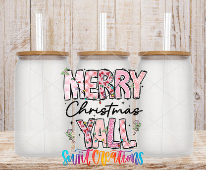 Merry Christmas Yall Pink frosted glass tumbler mockup with bamboo lids and straws