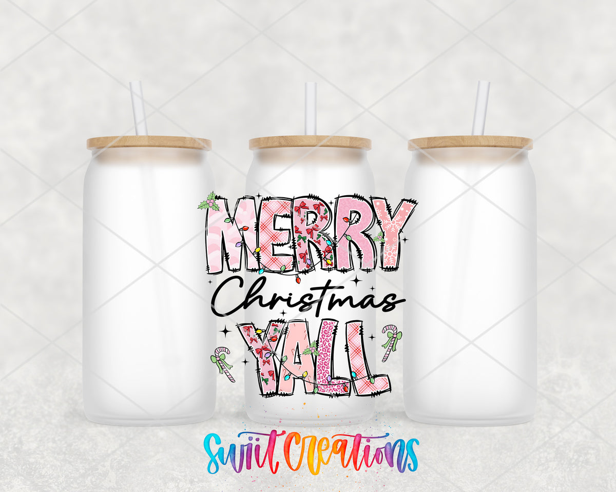 Merry Christmas Yall Pink frosted glass tumbler group view with lids and straws
