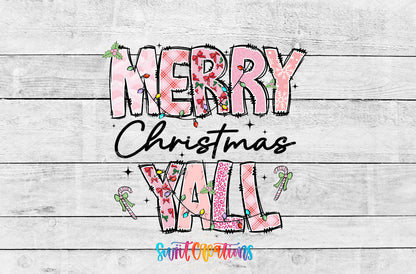 Merry Christmas Yall Pink artwork detail for the finished 16 oz tumbler