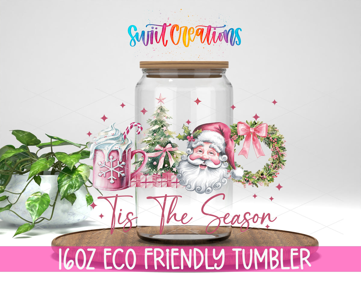 Tis the Season Pink Santa design on a 16 oz clear glass tumbler with bamboo lid