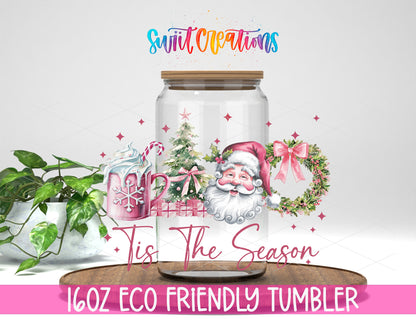 Tis the Season Pink Santa design on a 16 oz clear glass tumbler with bamboo lid