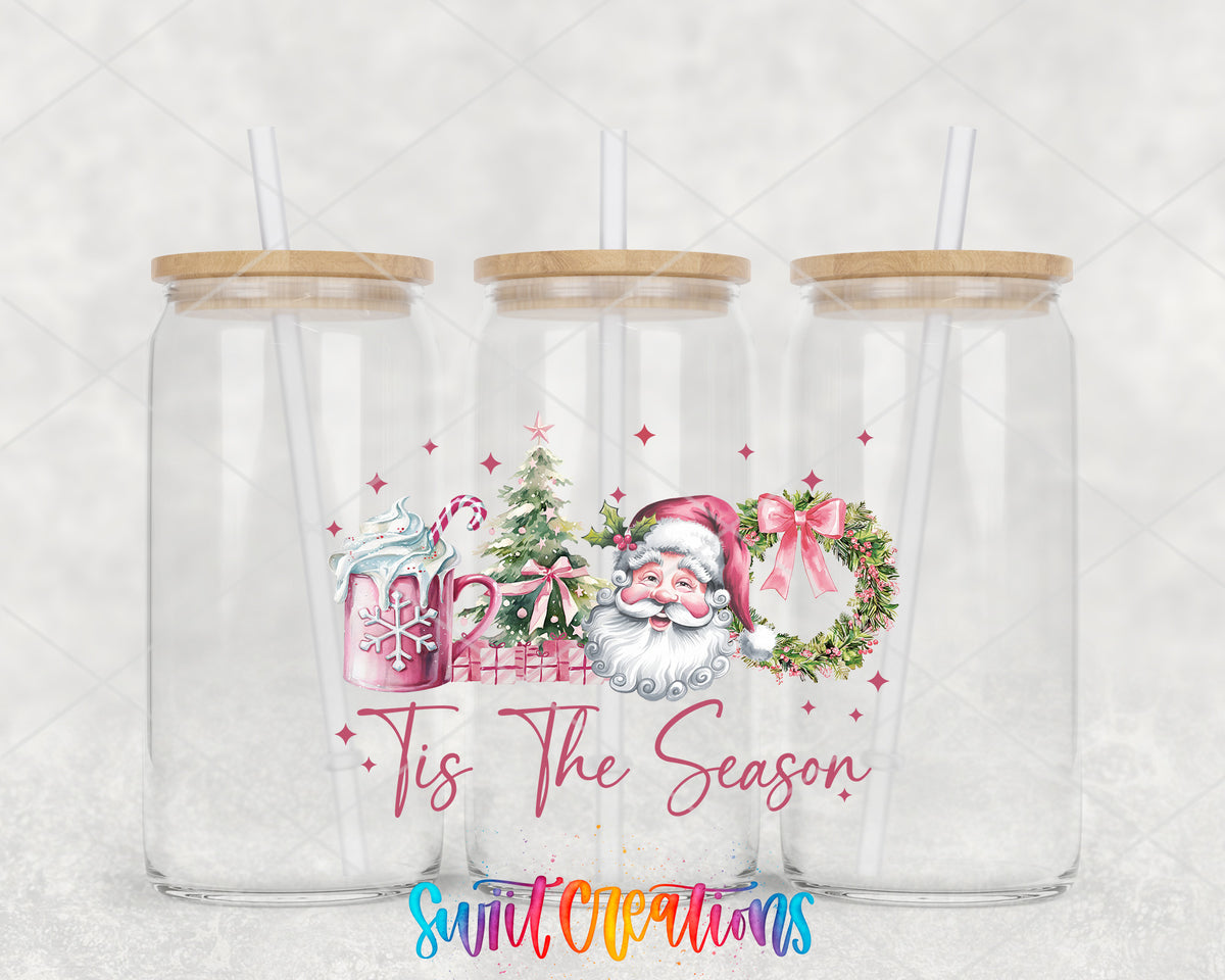 Tis the Season Pink Santa clear glass tumbler group mockup with bamboo lids and straws