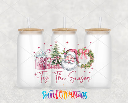 Tis the Season Pink Santa frosted glass tumbler group view with lids and straws