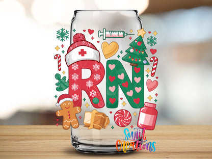 RN Christmas Nurse design close-up on a clear glass can tumbler