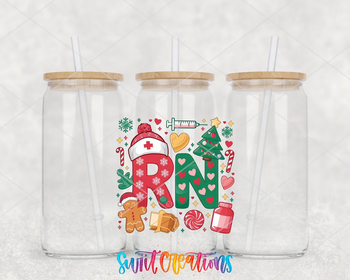 RN Christmas Nurse clear glass tumbler group mockup with bamboo lids and straws