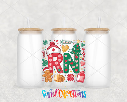 RN Christmas Nurse frosted glass tumbler group view with lids and straws