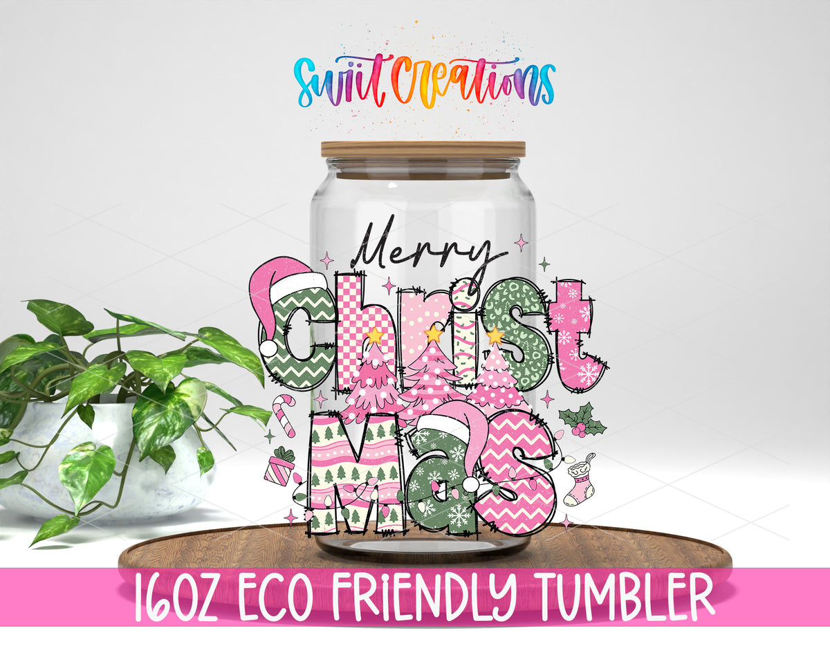 Merry Christmas Pink Patchwork design on a 16 oz clear glass tumbler with bamboo lid