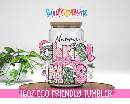 Merry Christmas Pink Patchwork design on a 16 oz clear glass tumbler with bamboo lid