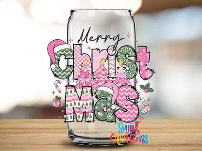 Merry Christmas Pink Patchwork design close-up on a clear glass can tumbler