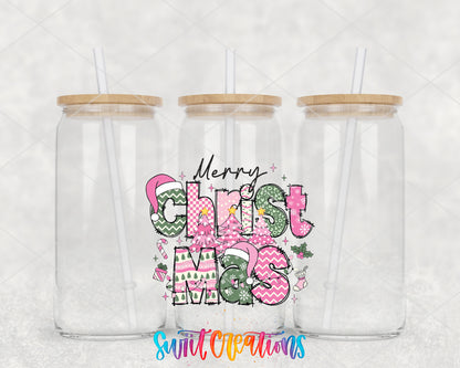 Merry Christmas Pink Patchwork clear glass tumbler group mockup with bamboo lids and straws