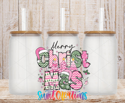 Merry Christmas Pink Patchwork frosted glass tumbler mockup with bamboo lids and straws