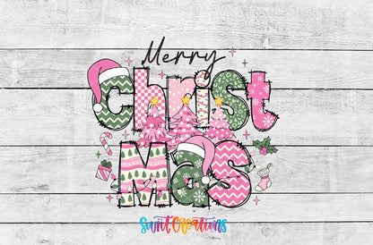 Merry Christmas Pink Patchwork artwork detail for the finished 16 oz tumbler