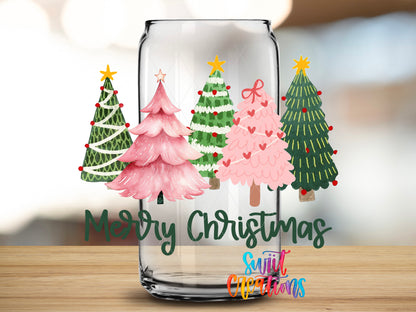 Merry Christmas Pink and Green Trees design close-up on a clear glass can tumbler