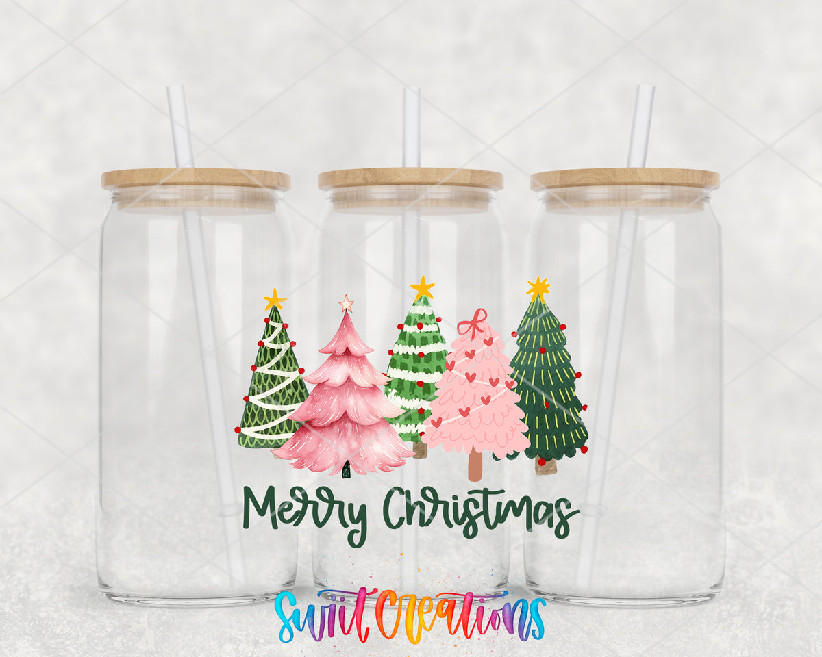 Merry Christmas Pink and Green Trees clear glass tumbler group mockup with bamboo lids and straws