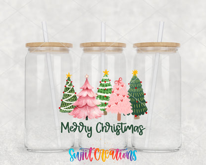 Merry Christmas Pink and Green Trees clear glass tumbler group mockup with bamboo lids and straws