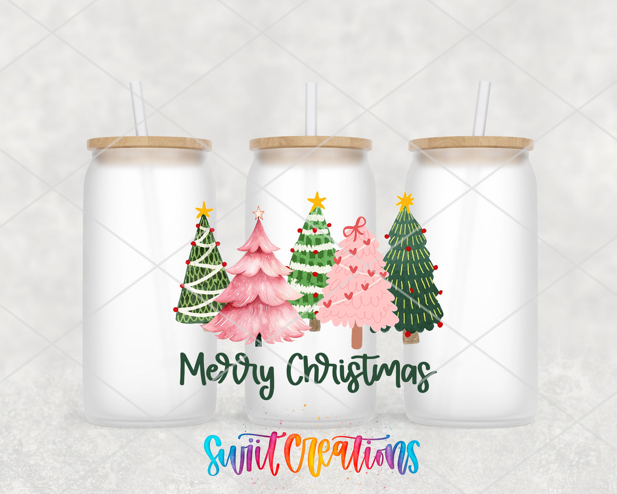 Merry Christmas Pink and Green Trees frosted glass tumbler group view with lids and straws