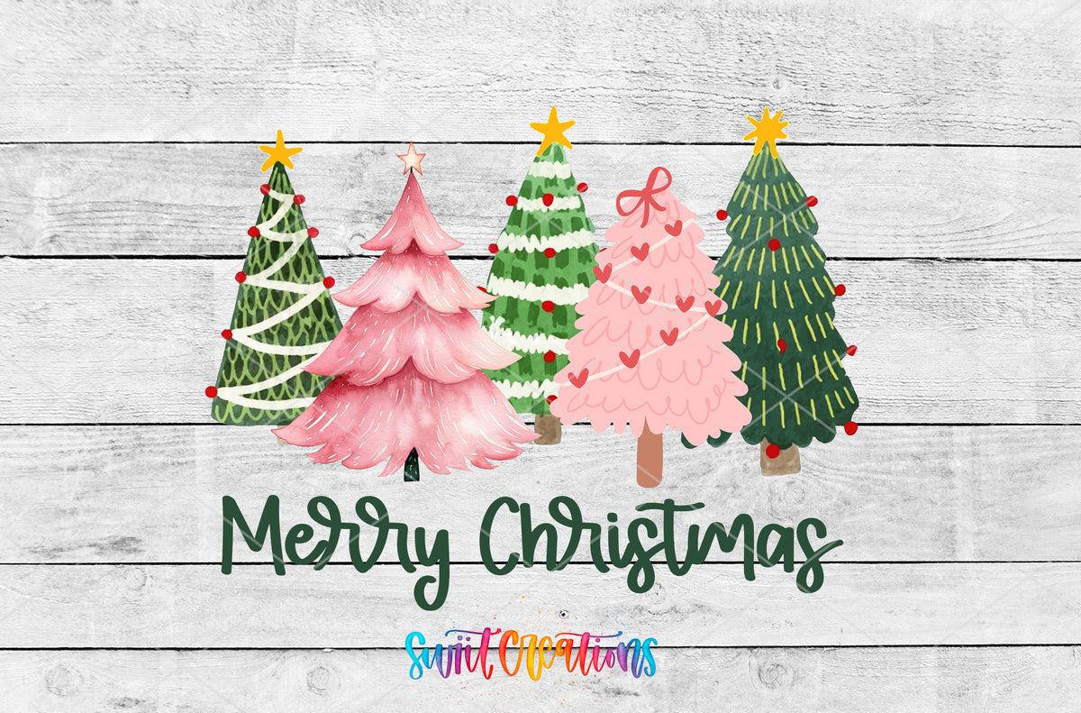 Merry Christmas Pink and Green Trees artwork detail for the finished 16 oz tumbler