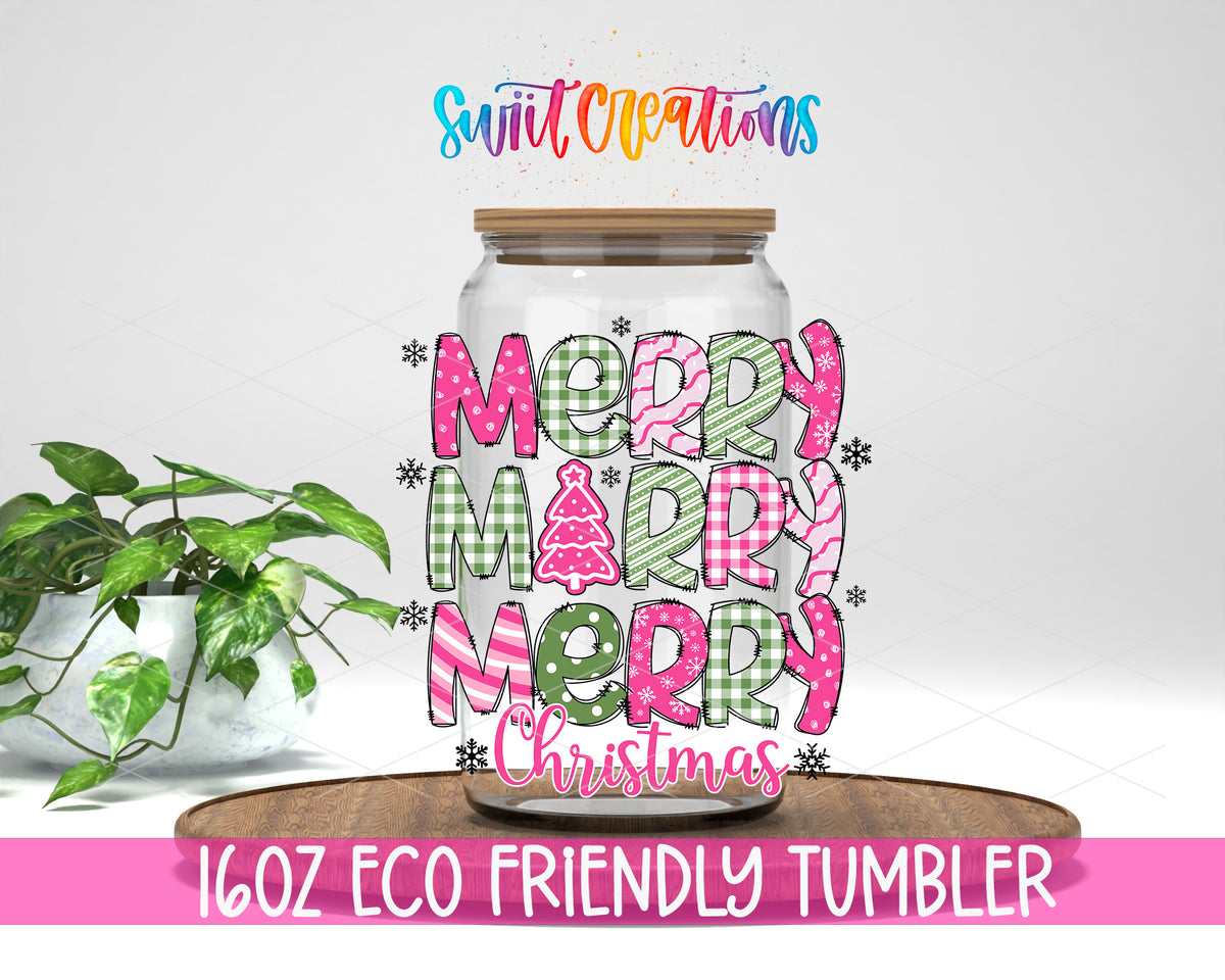 Merry Merry Merry Christmas design on a 16 oz clear glass tumbler with bamboo lid