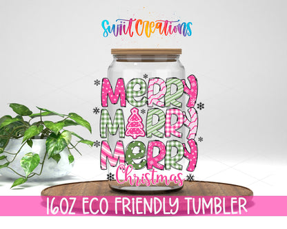Merry Merry Merry Christmas design on a 16 oz clear glass tumbler with bamboo lid