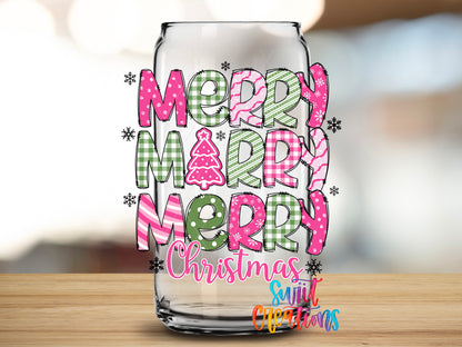 Merry Merry Merry Christmas design close-up on a clear glass can tumbler