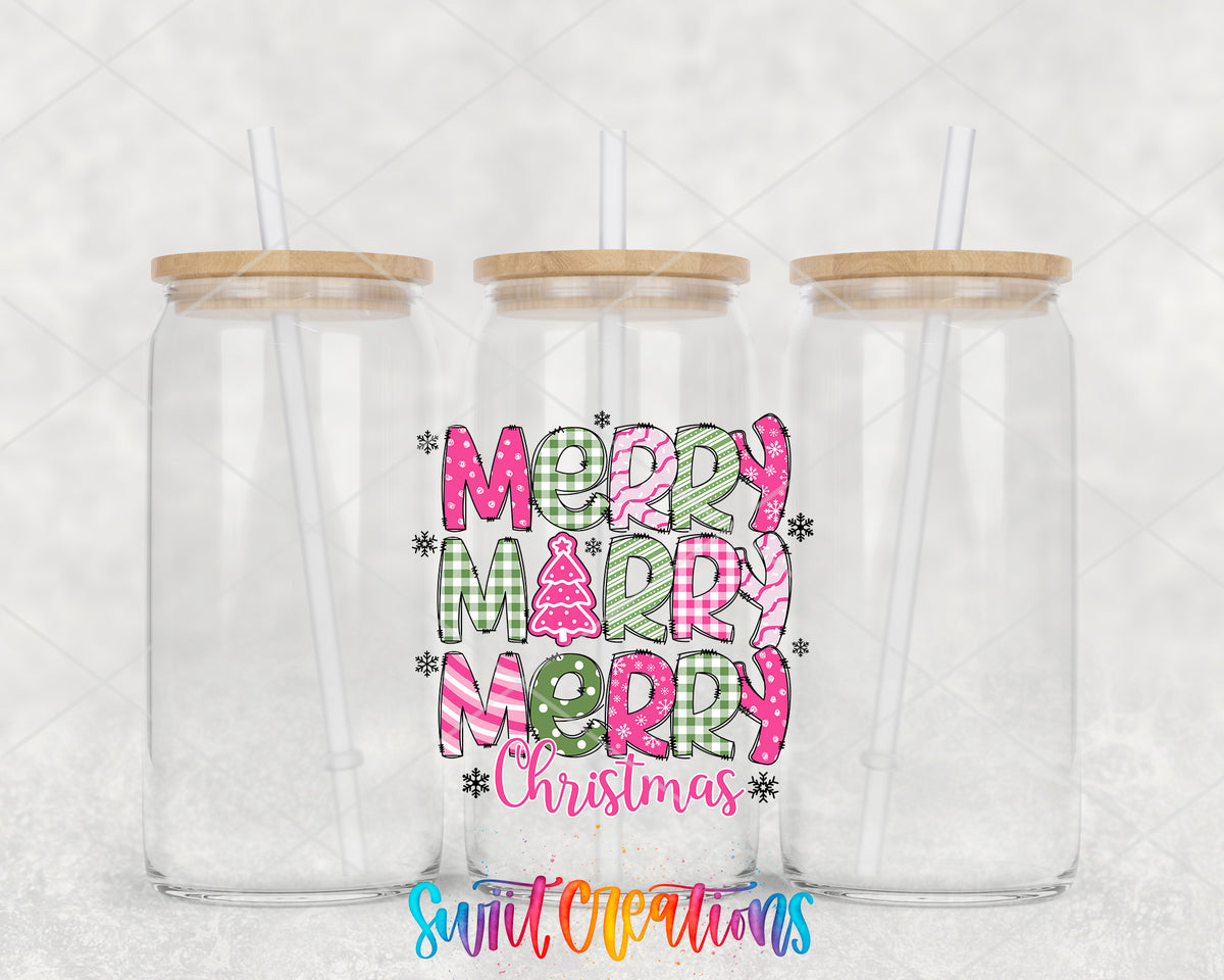 Merry Merry Merry Christmas clear glass tumbler group mockup with bamboo lids and straws