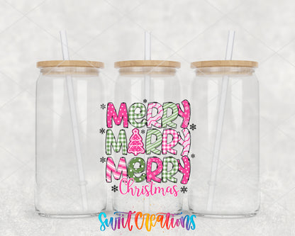Merry Merry Merry Christmas clear glass tumbler group mockup with bamboo lids and straws