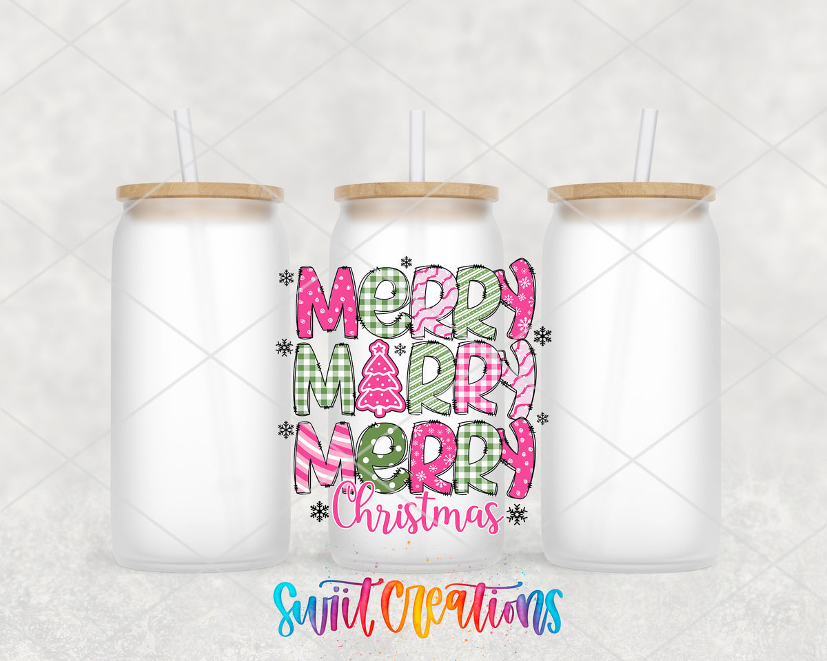 Merry Merry Merry Christmas frosted glass tumbler group view with lids and straws