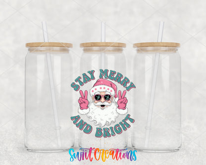 Stay Merry and Bright Santa clear glass tumbler group mockup with bamboo lids and straws