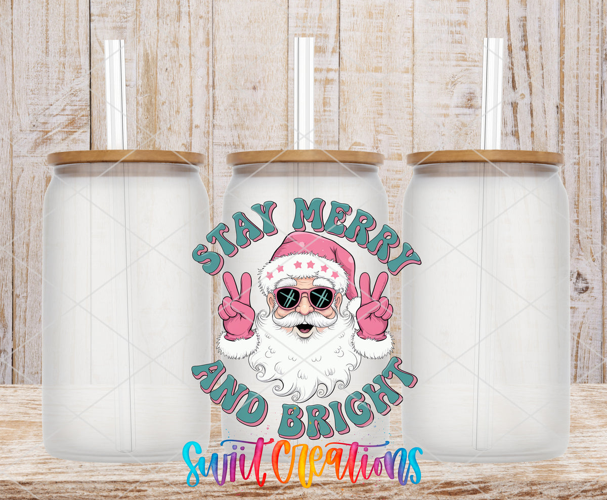 Stay Merry and Bright Santa frosted glass tumbler mockup with bamboo lids and straws