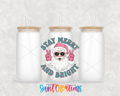 Stay Merry and Bright Santa frosted glass tumbler group view with lids and straws
