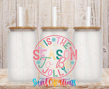 Tis the Season to Be Jolly frosted glass tumbler mockup with bamboo lids and straws