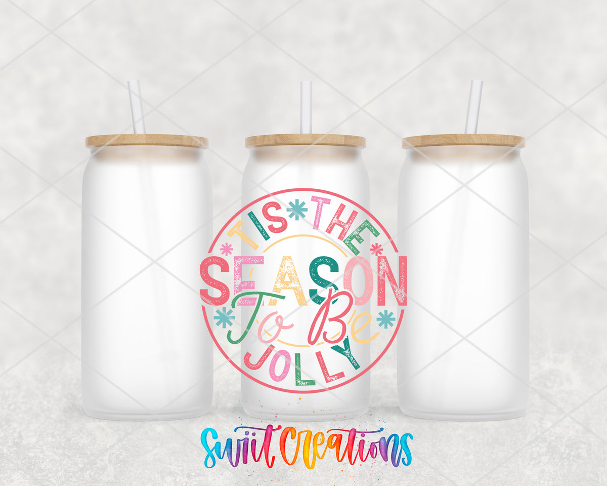 Tis the Season to Be Jolly frosted glass tumbler group view with lids and straws