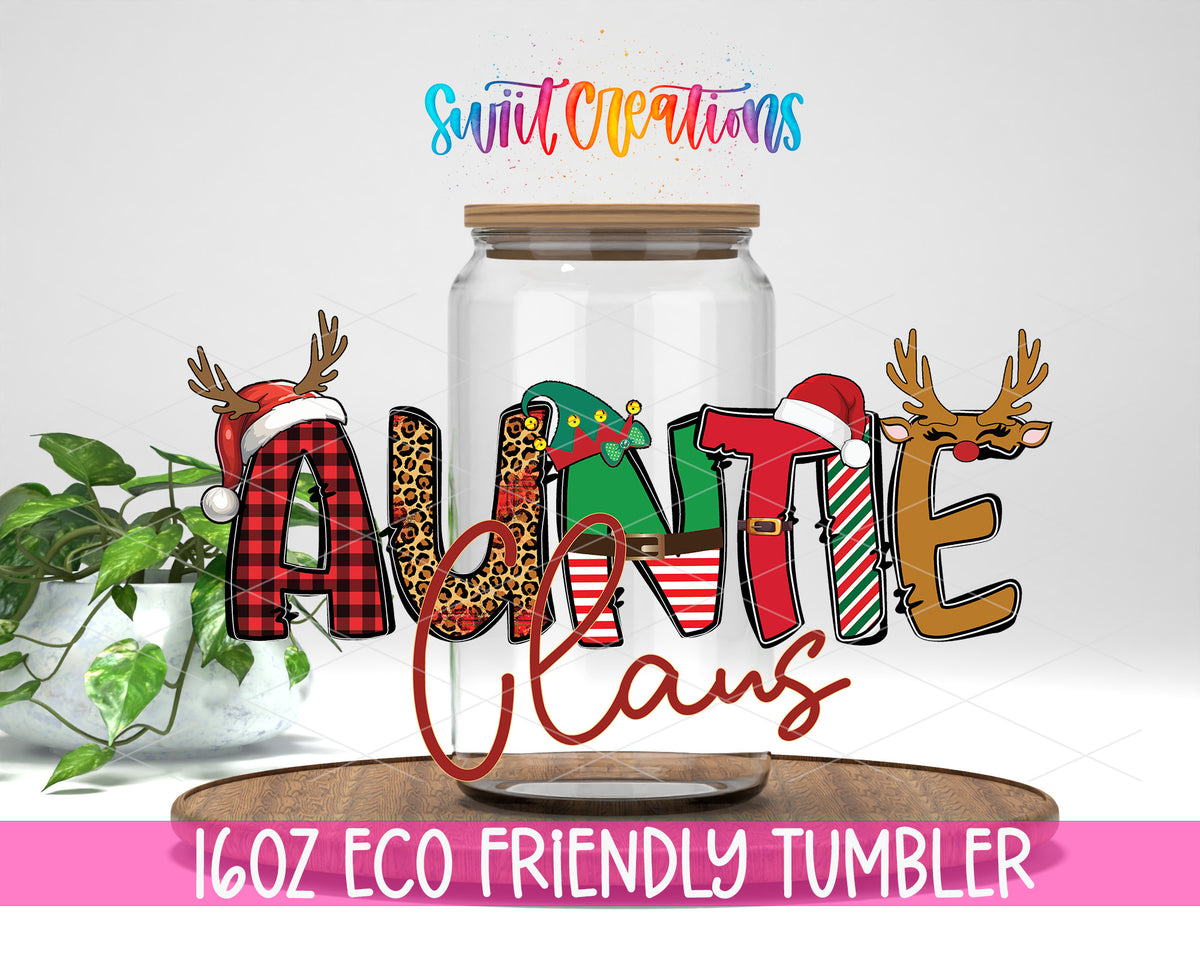 Auntie Claus design on a 16 oz clear glass tumbler with bamboo lid
