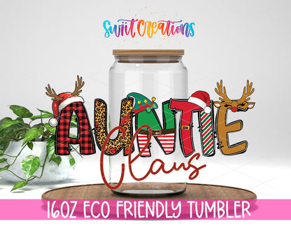 Auntie Claus design on a 16 oz clear glass tumbler with bamboo lid