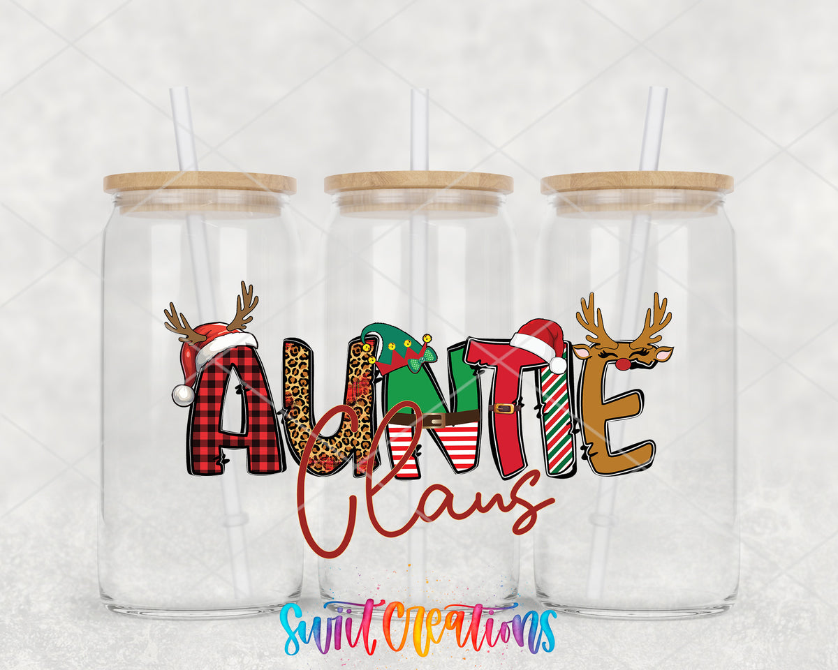 Auntie Claus clear glass tumbler group mockup with bamboo lids and straws