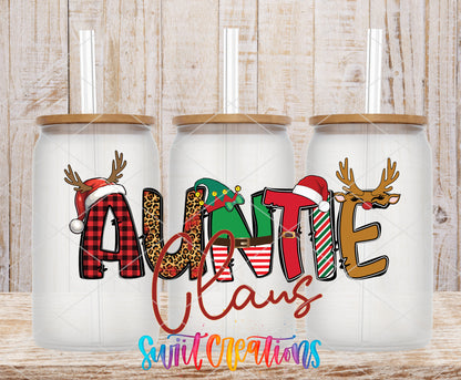 Auntie Claus frosted glass tumbler mockup with bamboo lids and straws
