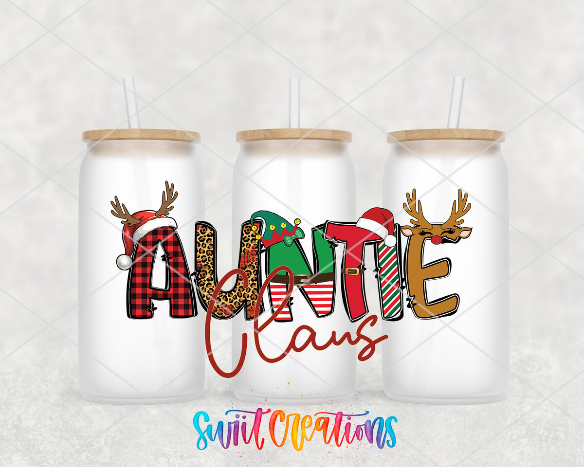 Auntie Claus frosted glass tumbler group view with lids and straws
