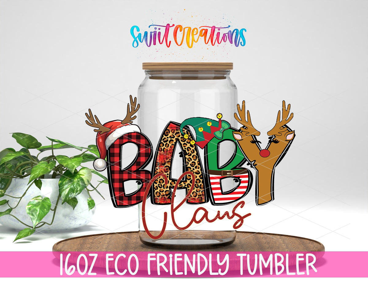 Baby Claus design on a 16 oz clear glass tumbler with bamboo lid