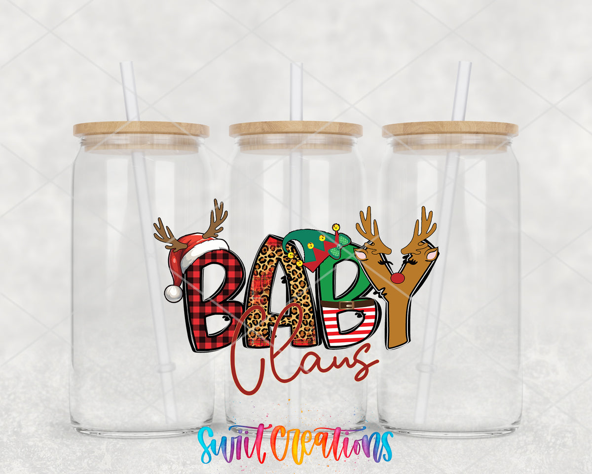 Baby Claus clear glass tumbler group mockup with bamboo lids and straws