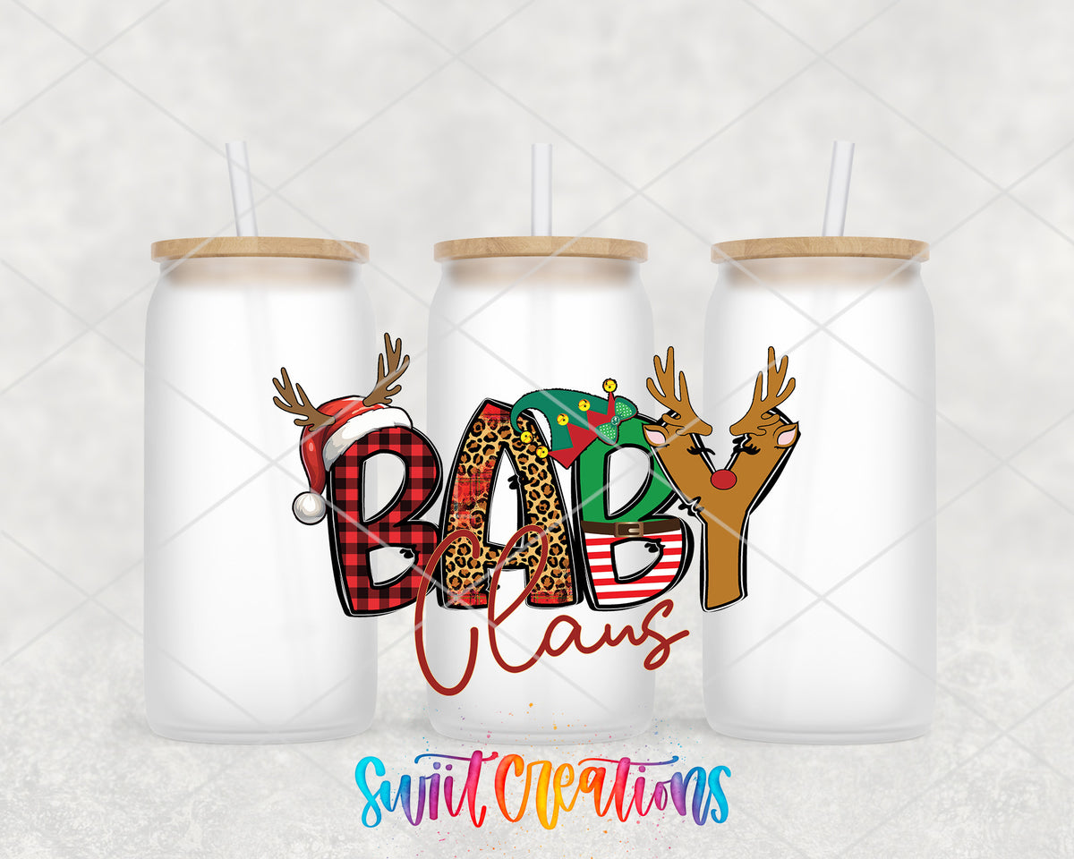 Baby Claus frosted glass tumbler group view with lids and straws