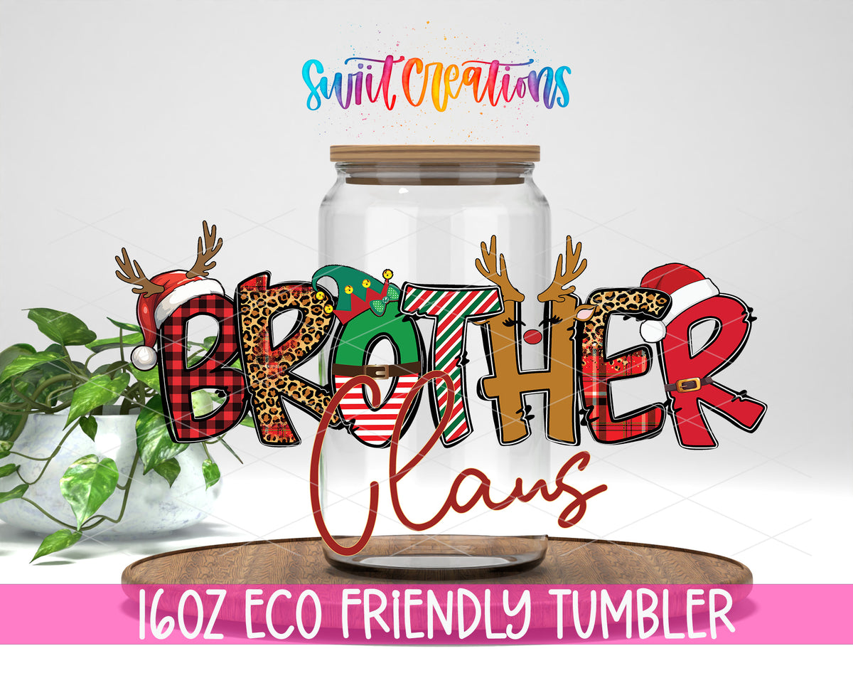 Brother Claus design on a 16 oz clear glass tumbler with bamboo lid