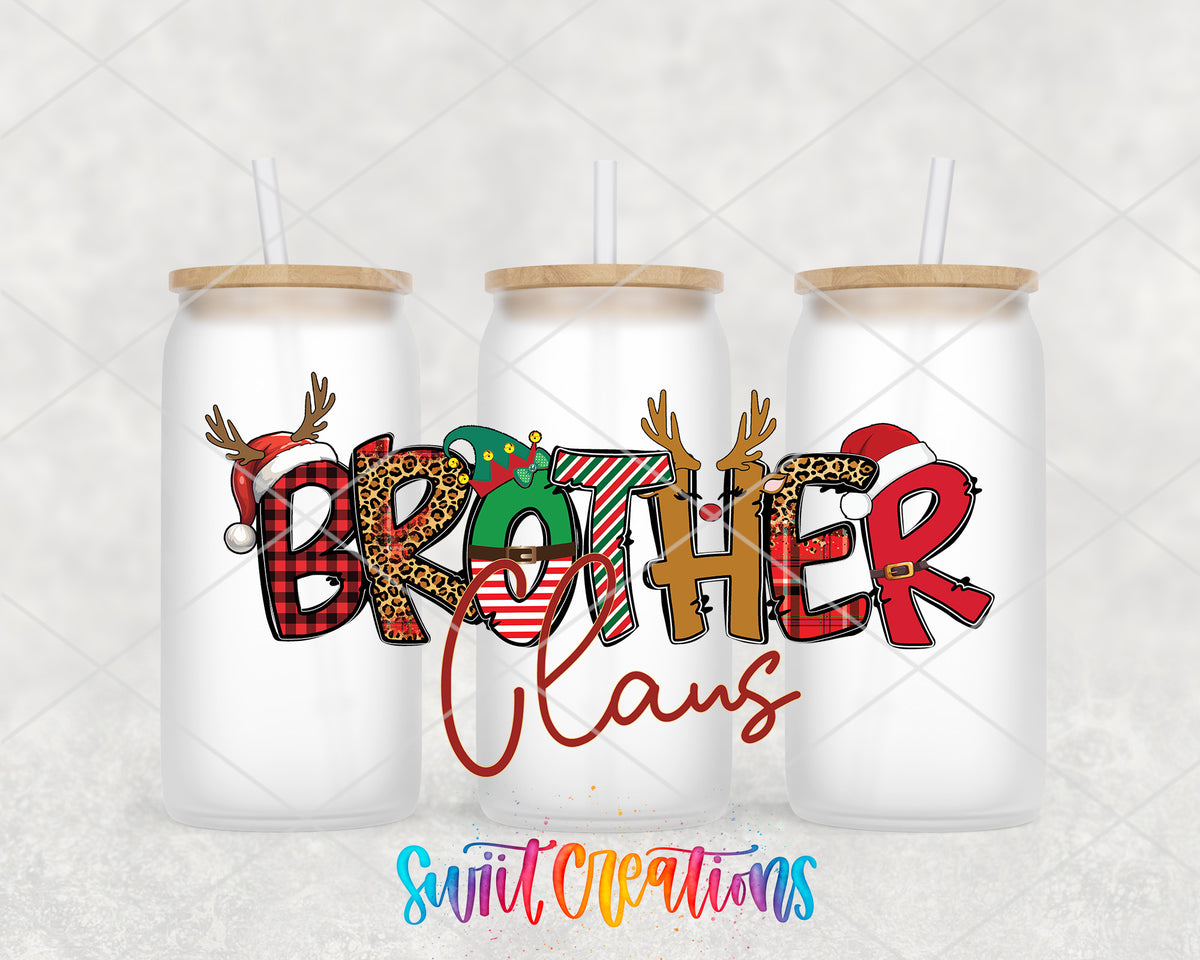Brother Claus frosted glass tumbler group view with lids and straws